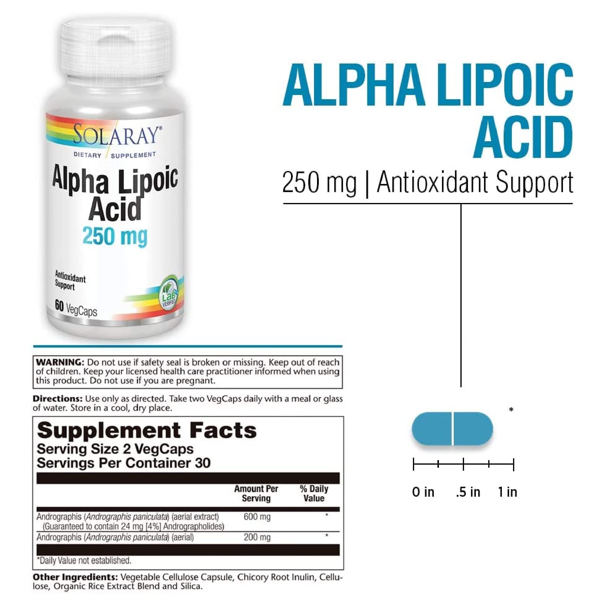 Close-up of SOLARAY Alpha Lipoic Acid 250 mg bottle