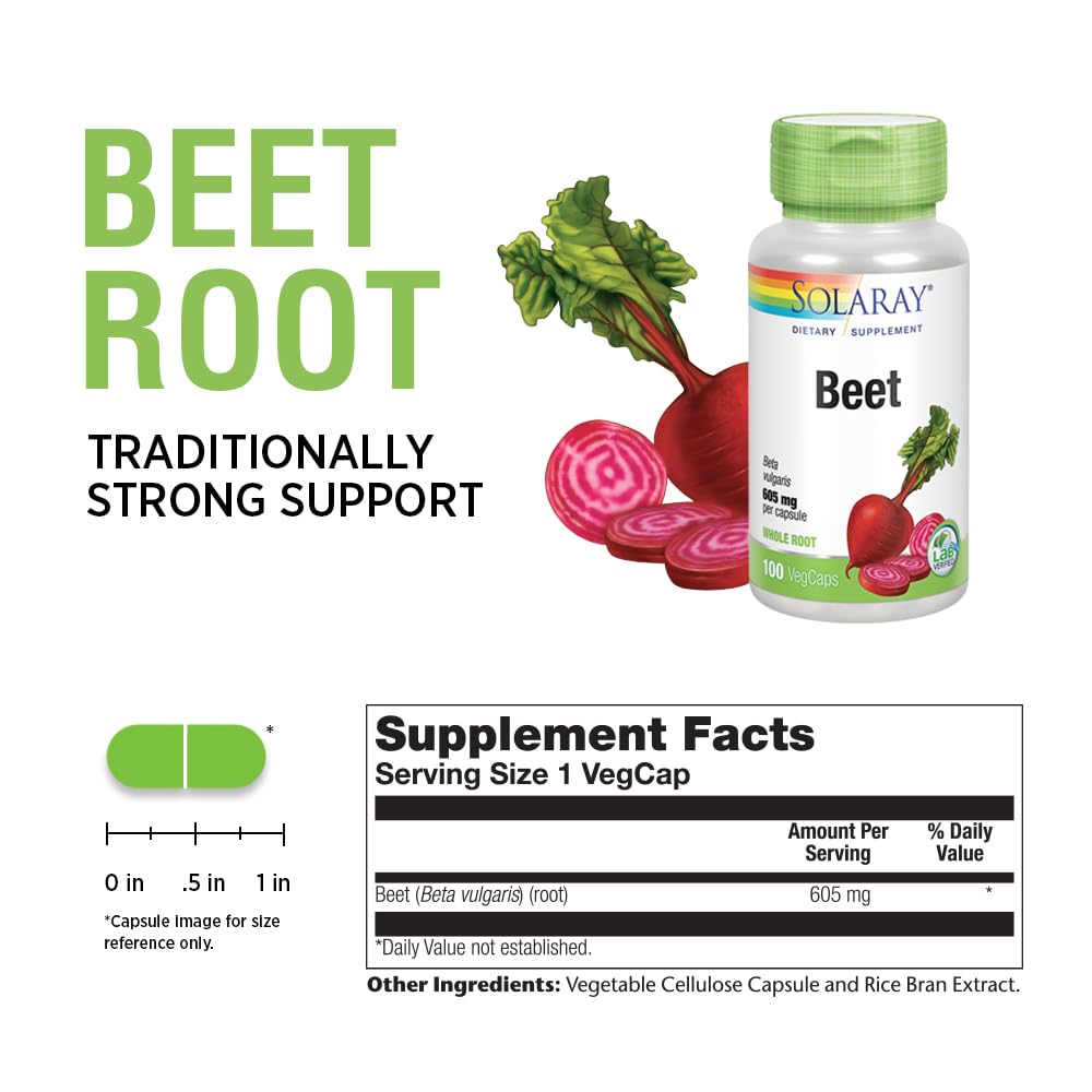 SOLARAY Beet Root 605mg capsules arranged in a row