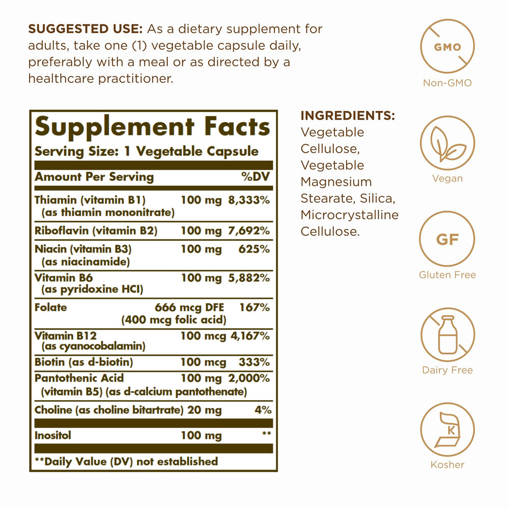 Solgar B-Complex 100 label showing Non-GMO, Vegan, Gluten Free