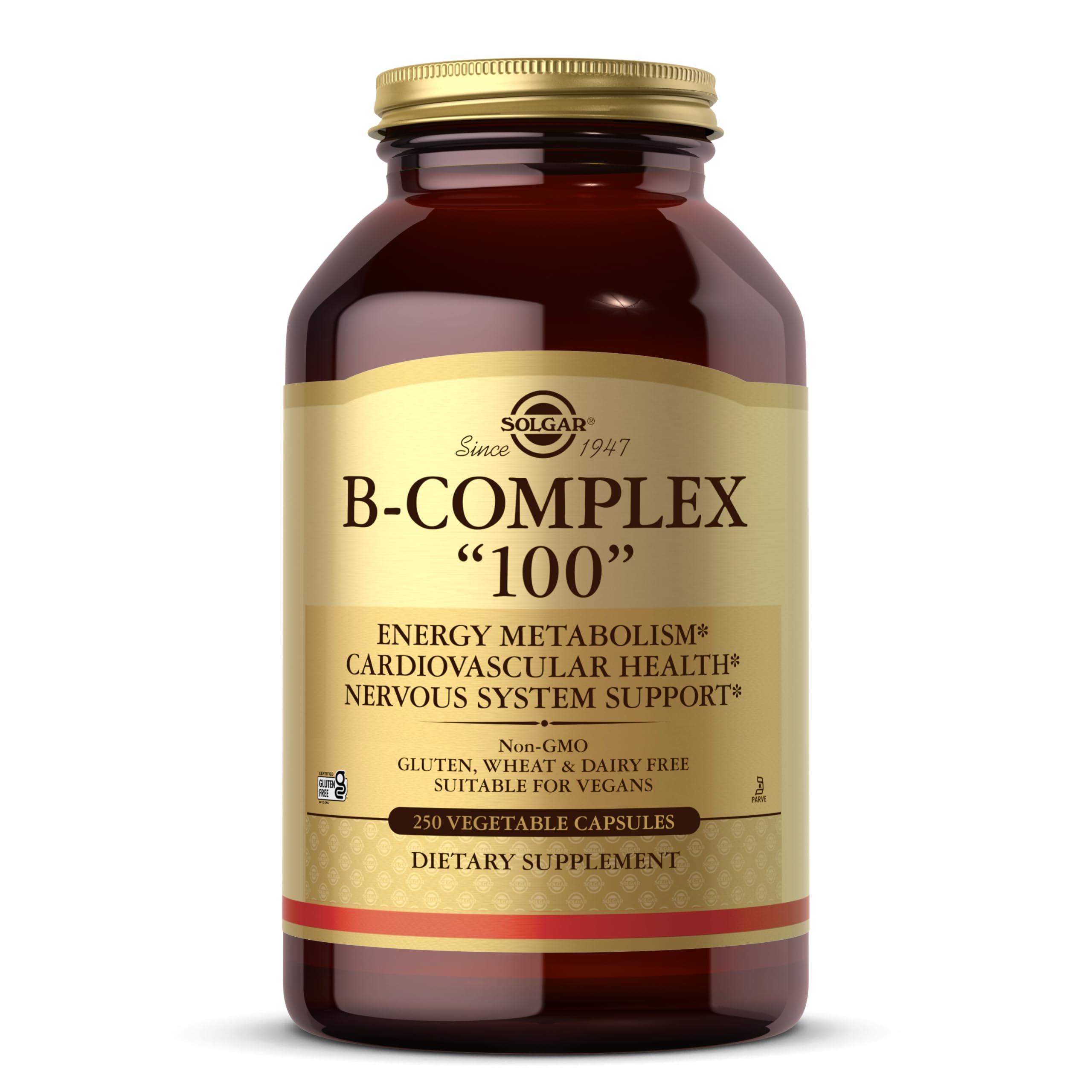 Solgar B-Complex 100 Vegetable Capsules bottle on white background