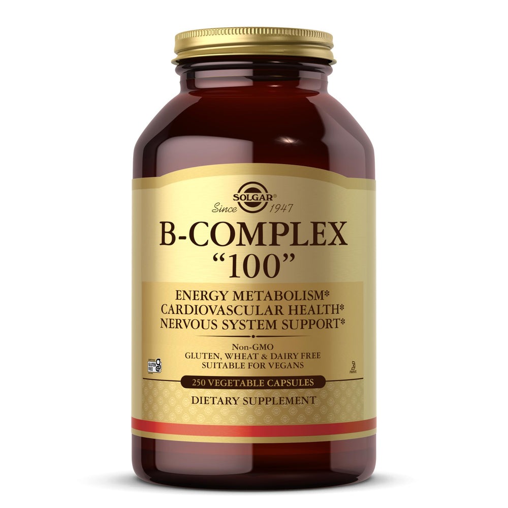 Solgar B-Complex 100 Vegetable Capsules bottle on white background