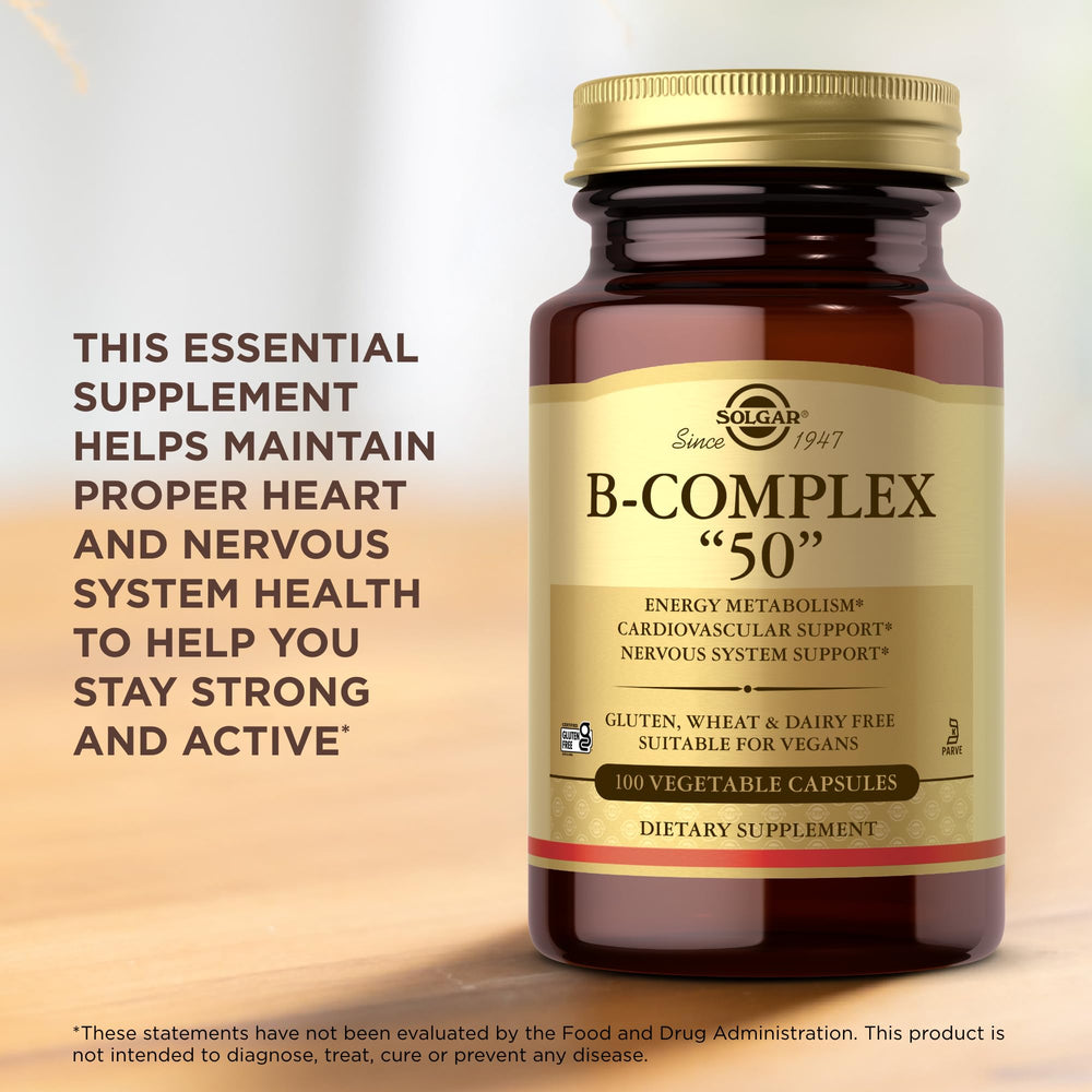 Vegan, Non-GMO and Gluten Free icons on Solgar B-Complex 50 packaging