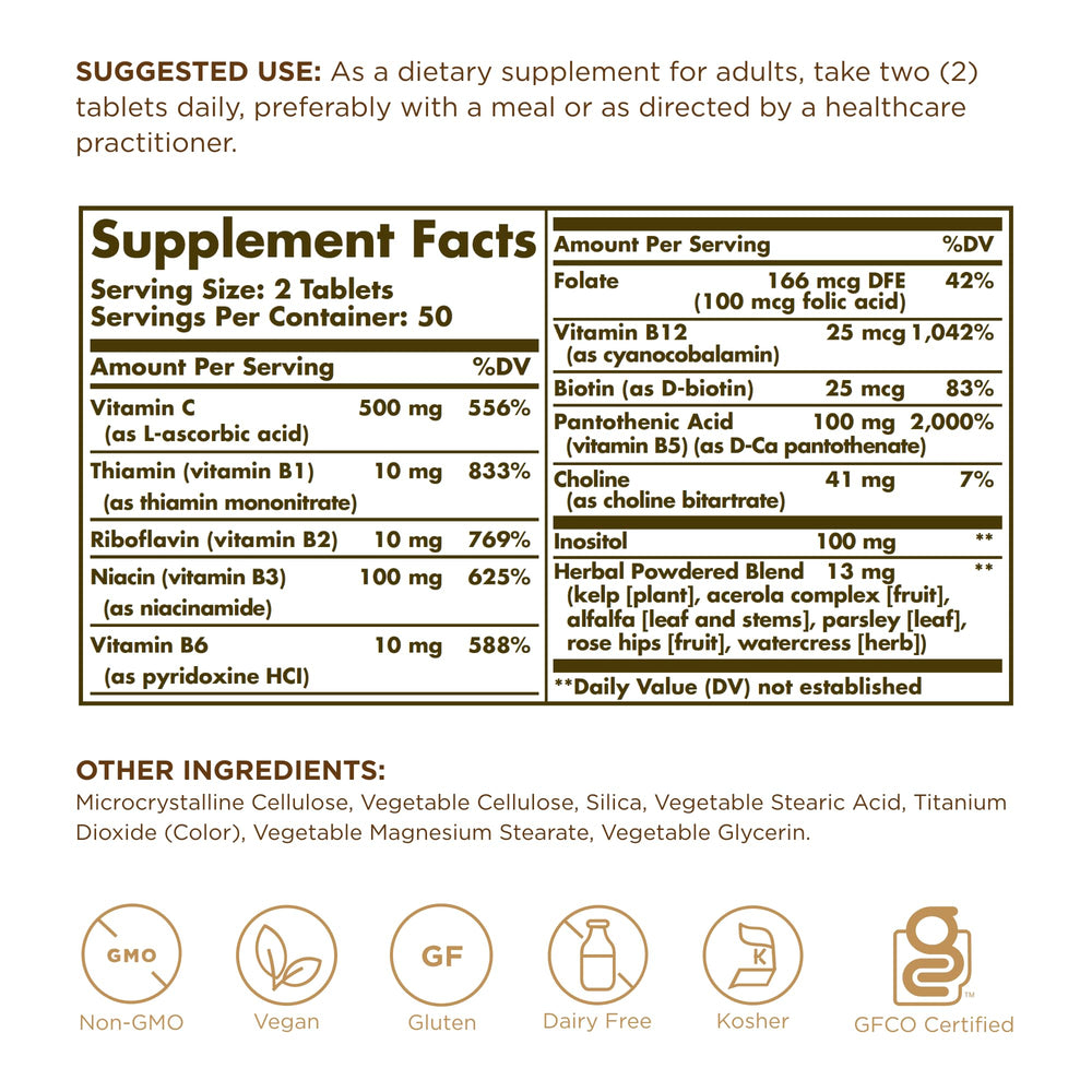 Close-up of Solgar B-Complex with Vitamin C tablets