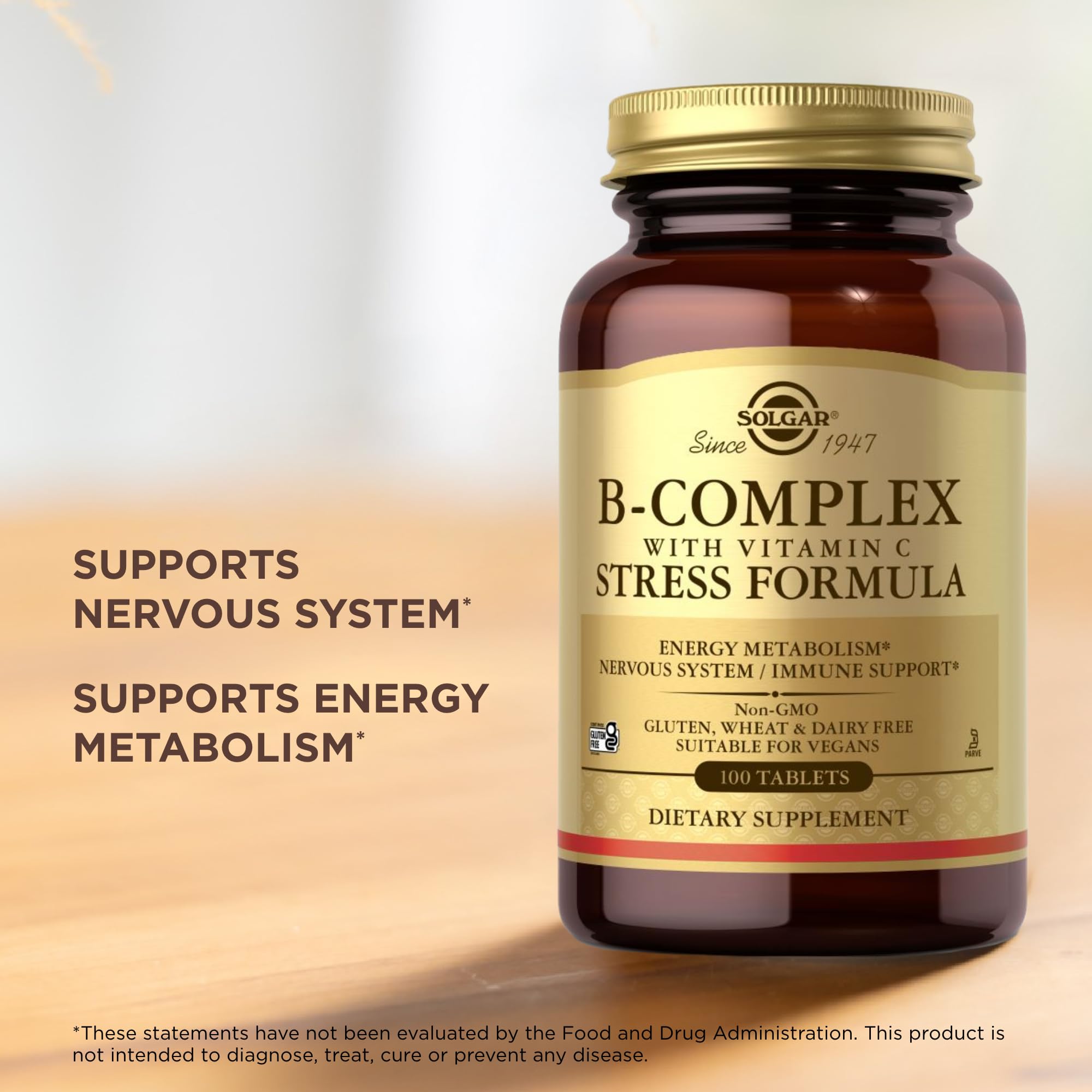 Solgar B-Complex bottle beside health supplement imagery