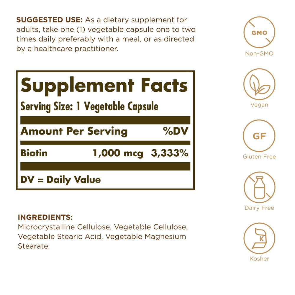Solgar Biotin 1000 mcg bottle - back label detail