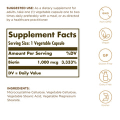 Solgar Biotin 1000 mcg bottle - back label detail
