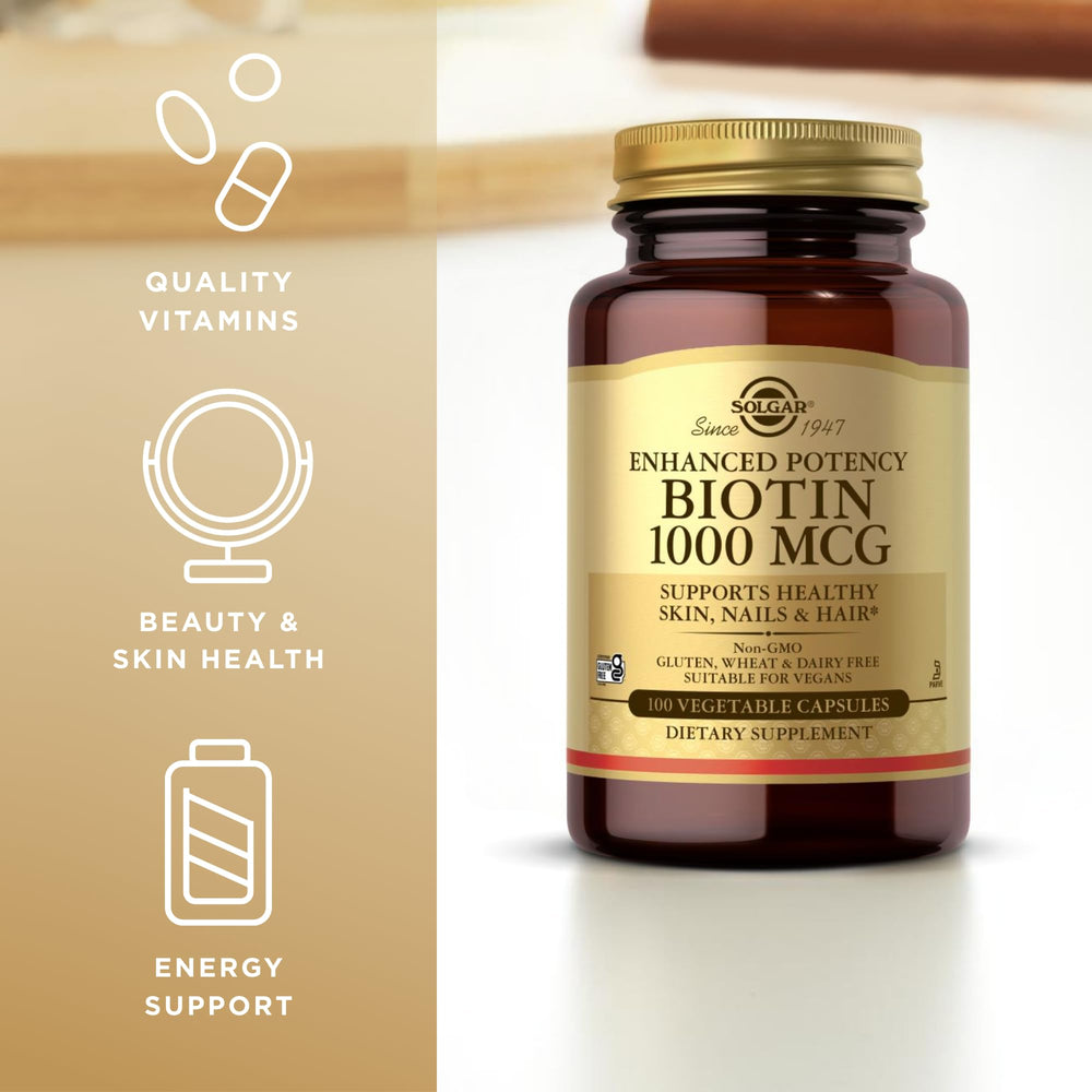 Close-up of Solgar Biotin 1000 mcg capsules
