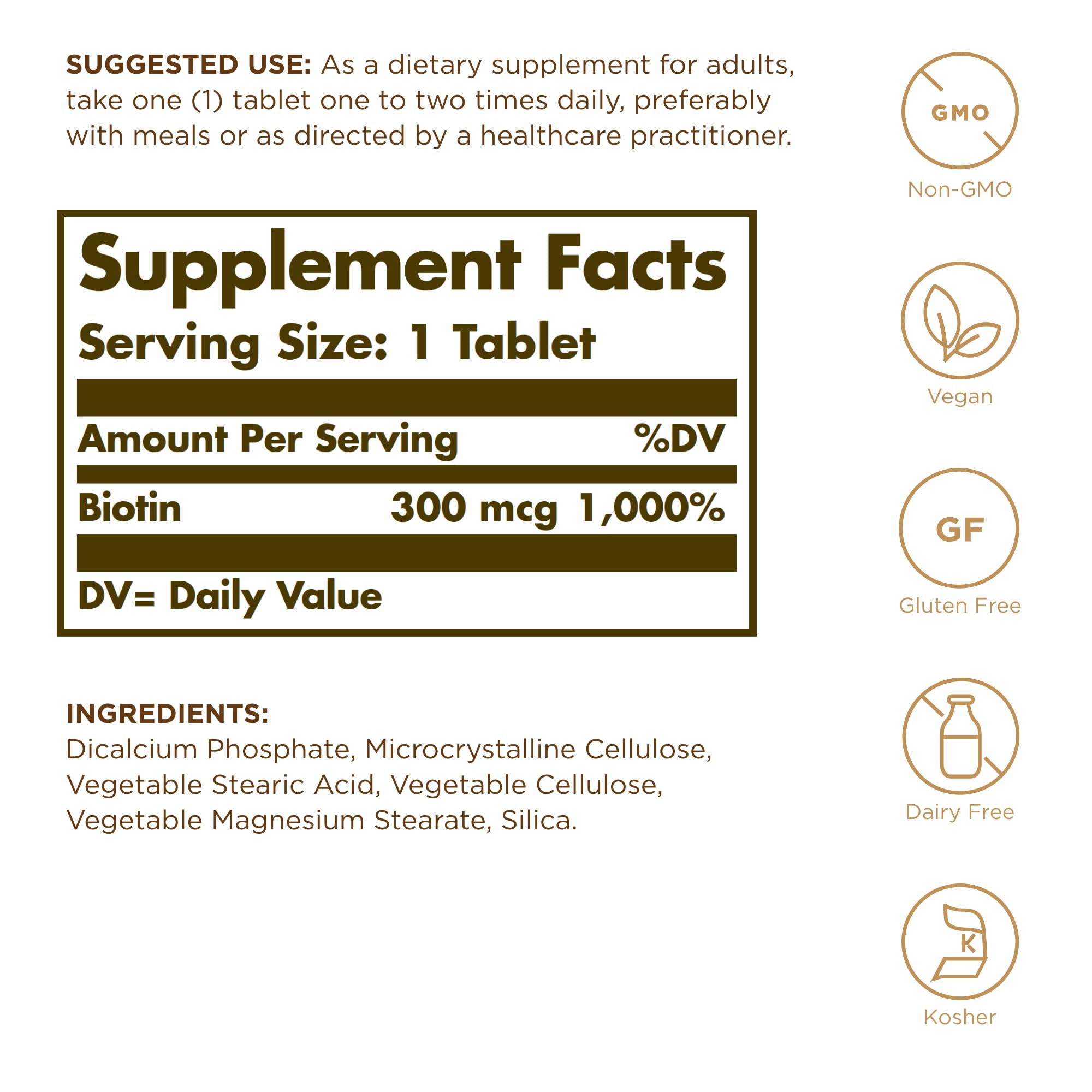 Solgar Biotin 300 mcg 100 tablets pack 2 side view bottle