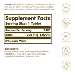 Solgar Biotin 300 mcg 100 tablets pack 2 side view bottle