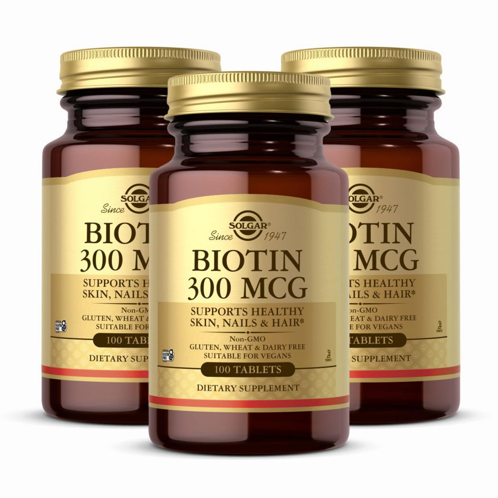 Solgar Biotin 300 mcg bottle with 3-pack of 100 tablets (hero image).