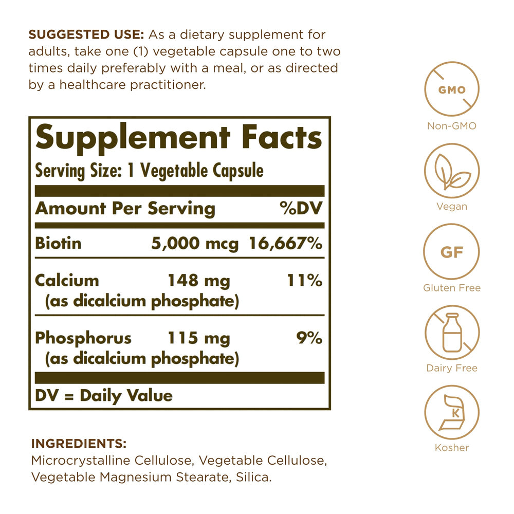 Biotin 5000 mcg per serving text on bottle label
