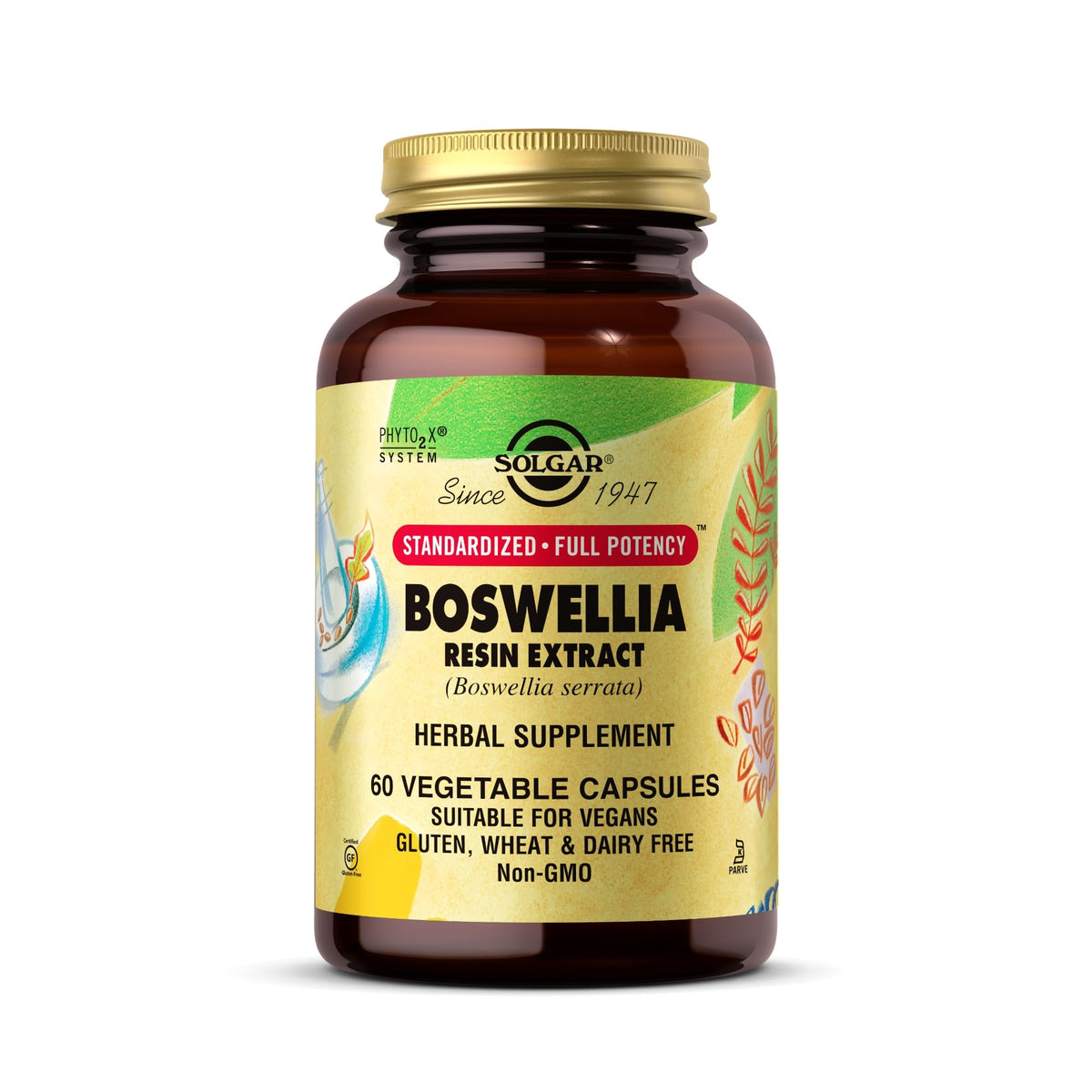 Front view of SOLGAR Boswellia Resin Extract Vegetable Caps bottle with label