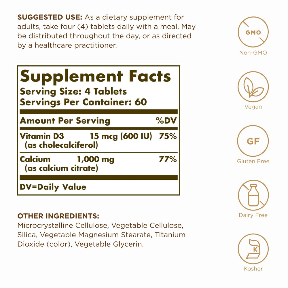Solgar Calcium Citrate with Vitamin D3 tablets closeup showing texture and potency