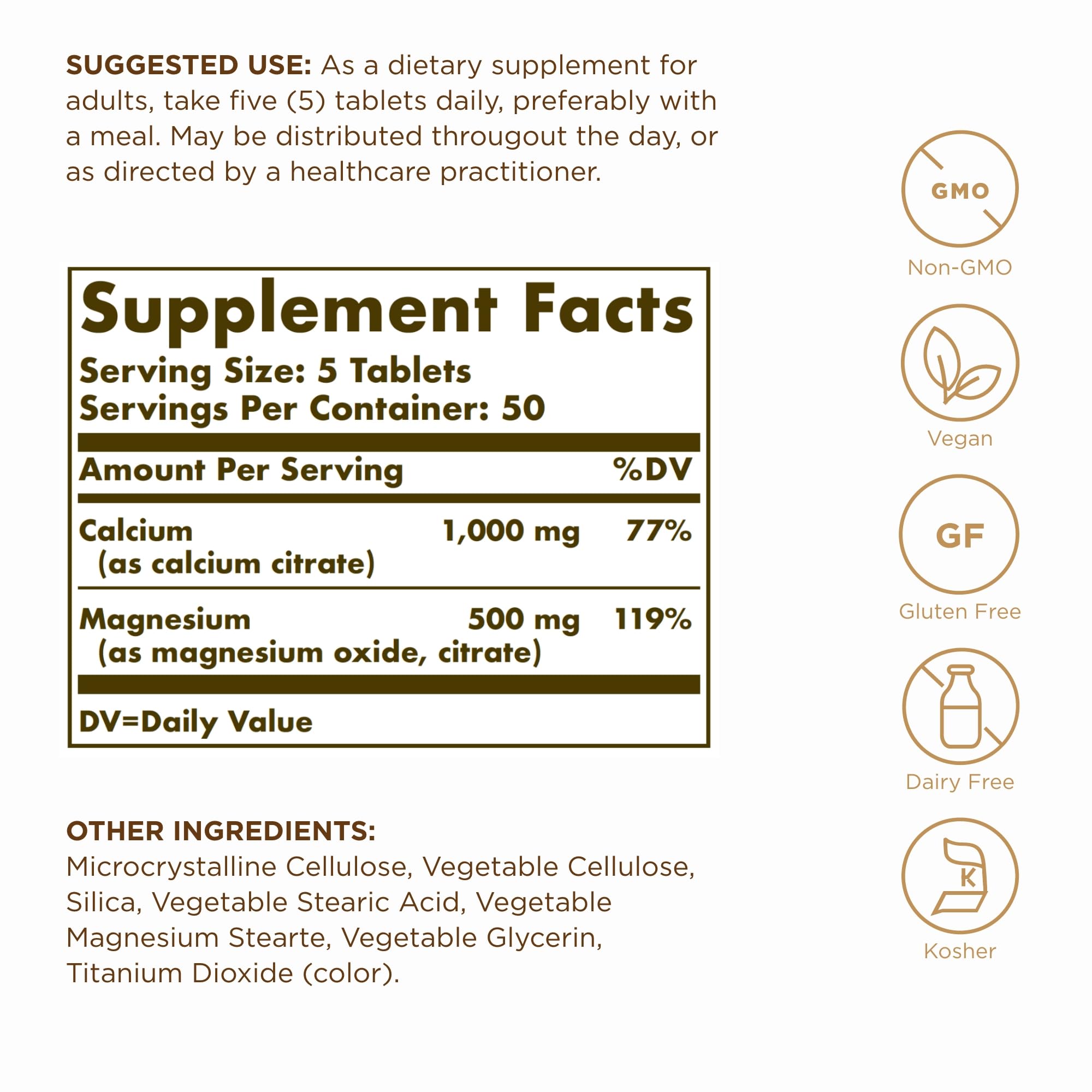 Close-up of Solgar Calcium Magnesium Citrate bottle label
