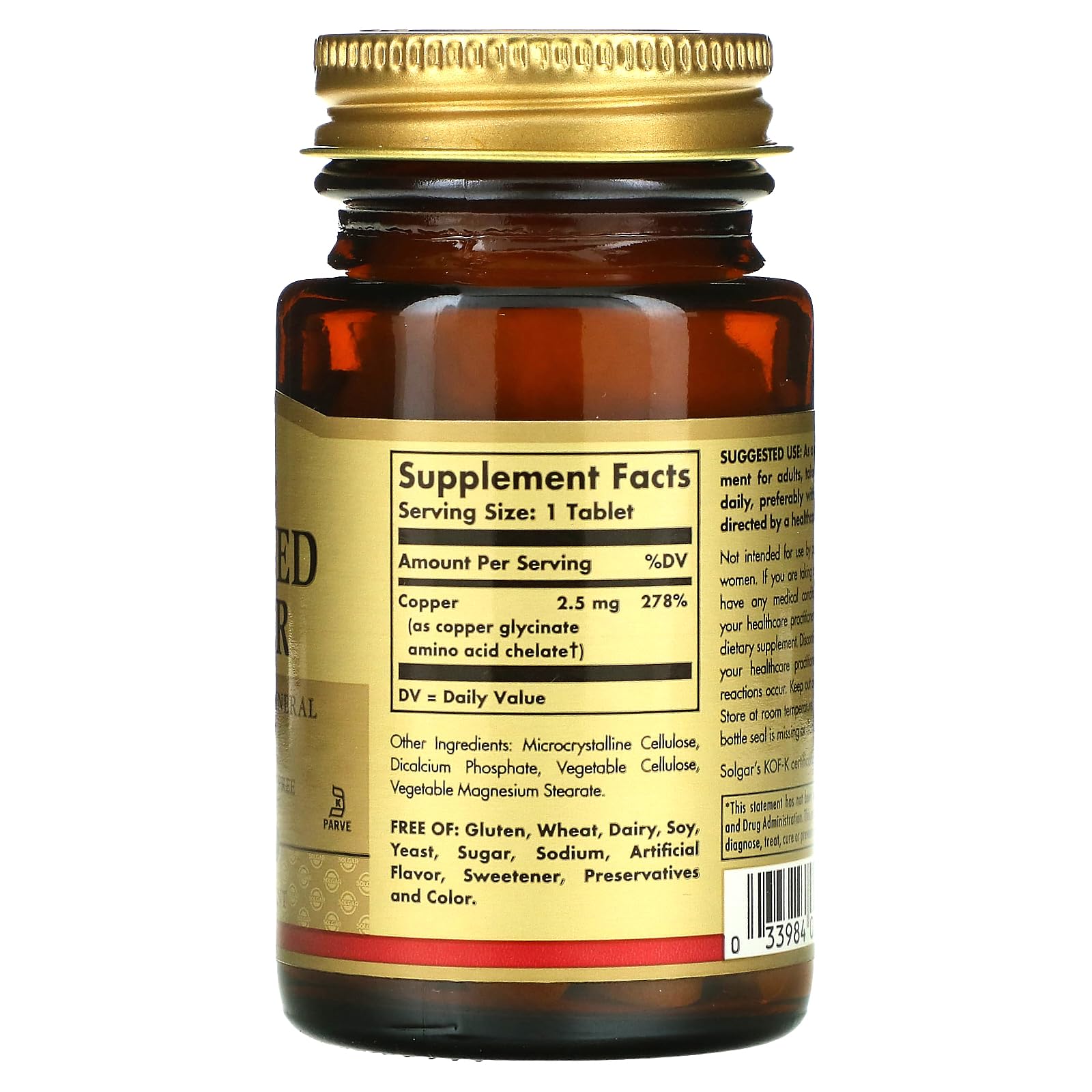 Vegan, non-GMO, gluten-free copper supplement bottle