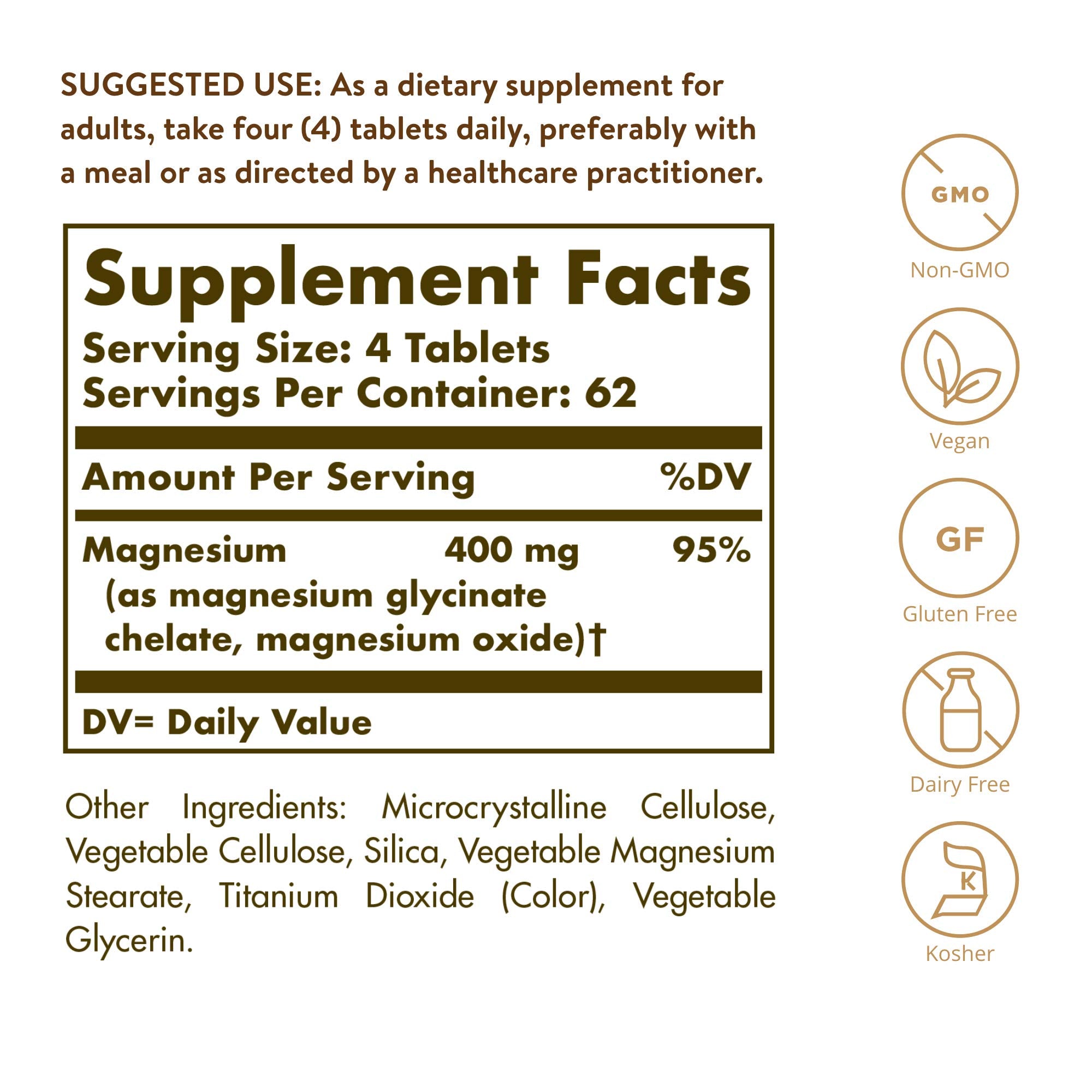 Solgar Chelated Magnesium bottle back with supplement facts