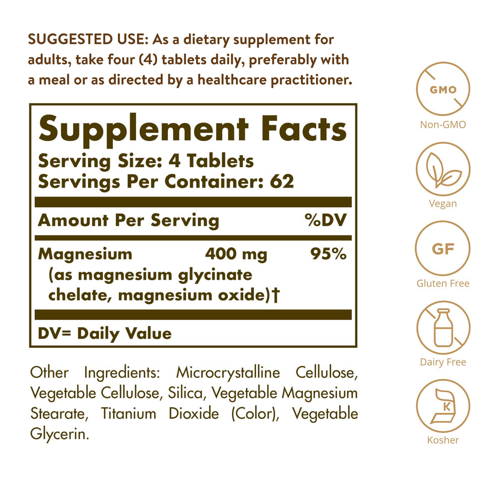 Solgar Chelated Magnesium bottle back with supplement facts