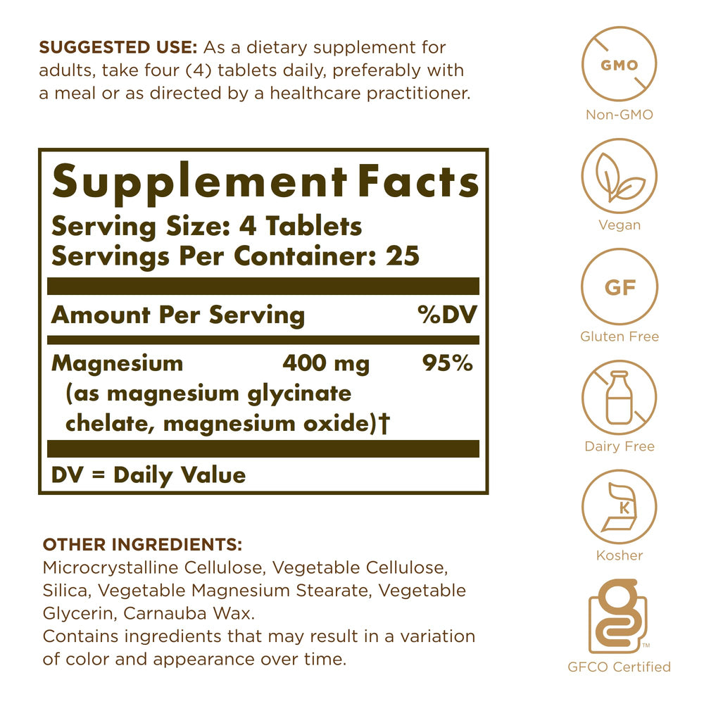 Close-up of Solgar Chelated Magnesium tablets