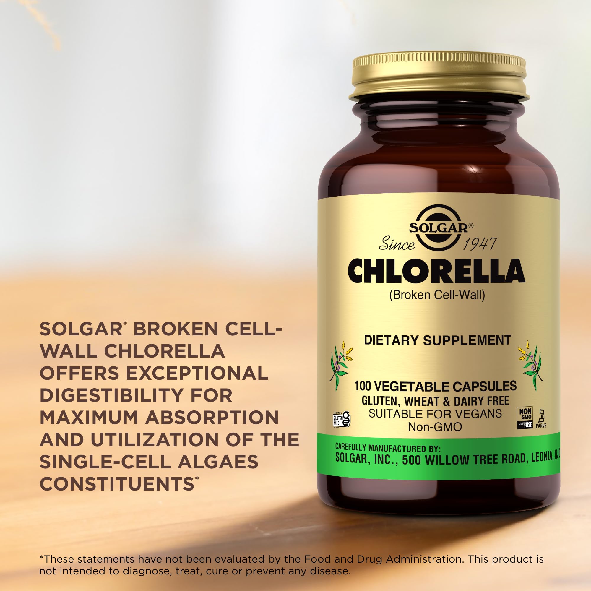 Gluten-free vegan kosher labels on Solgar Chlorella packaging