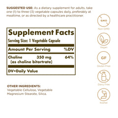 Close-up of Solgar Choline 350 mg capsules in bottle