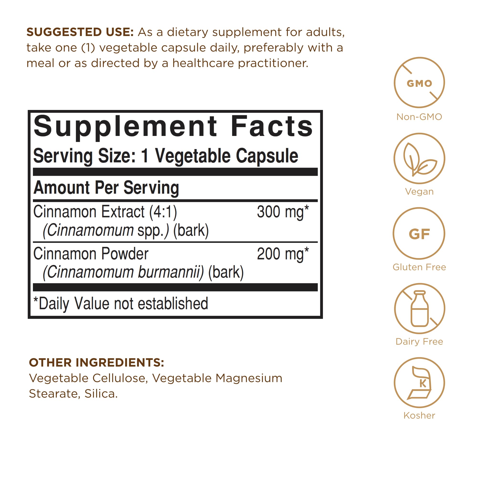Solgar Cinnamon bottle back panel with supplement facts