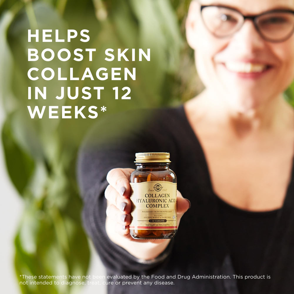 Lifestyle-style product shot featuring SOLGAR Collagen Hyaluronic Acid Complex