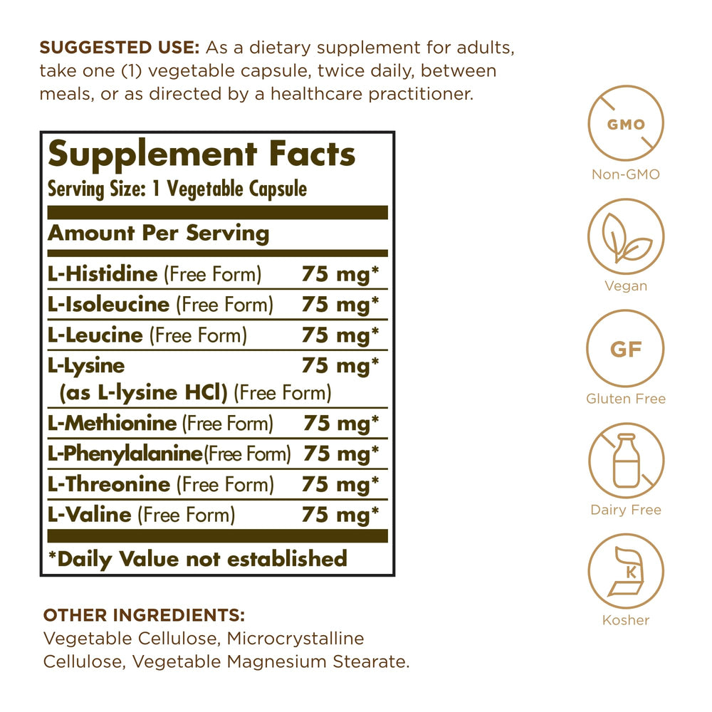 Solgar Essential Amino Complex bottle close-up label