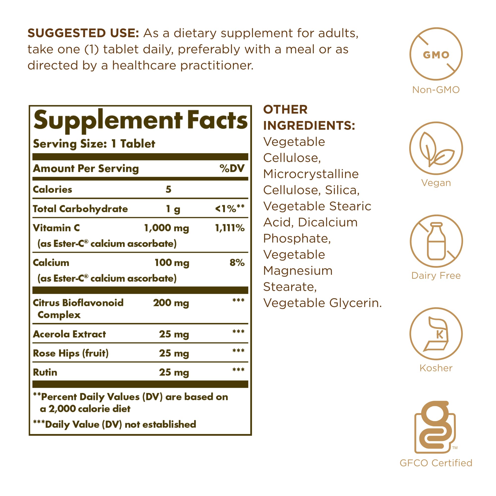 Close-up of Solgar Ester-C Plus tablets highlighting non-acidic calcium ascorbate complex