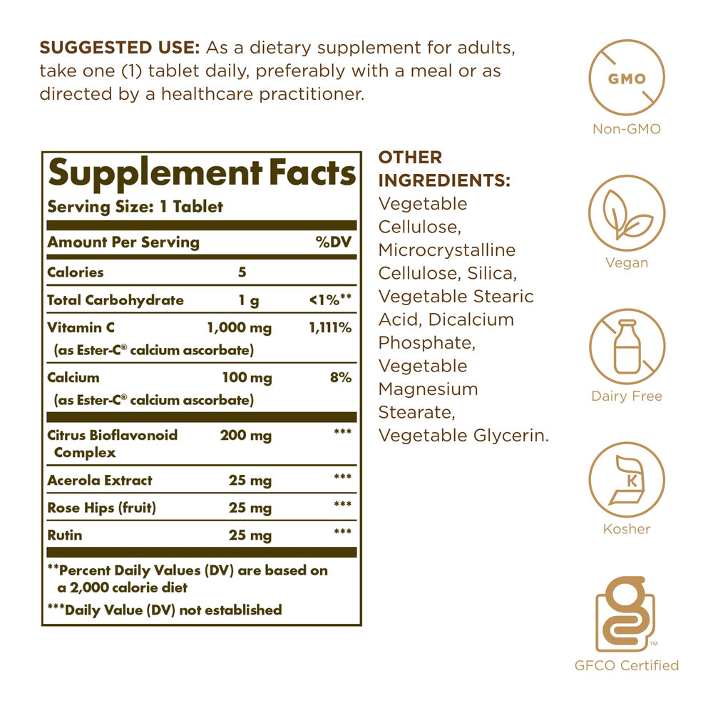 Close-up of Solgar Ester-C Plus tablets highlighting non-acidic calcium ascorbate complex