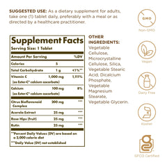 Close-up of Solgar Ester-C Plus tablets highlighting non-acidic calcium ascorbate complex