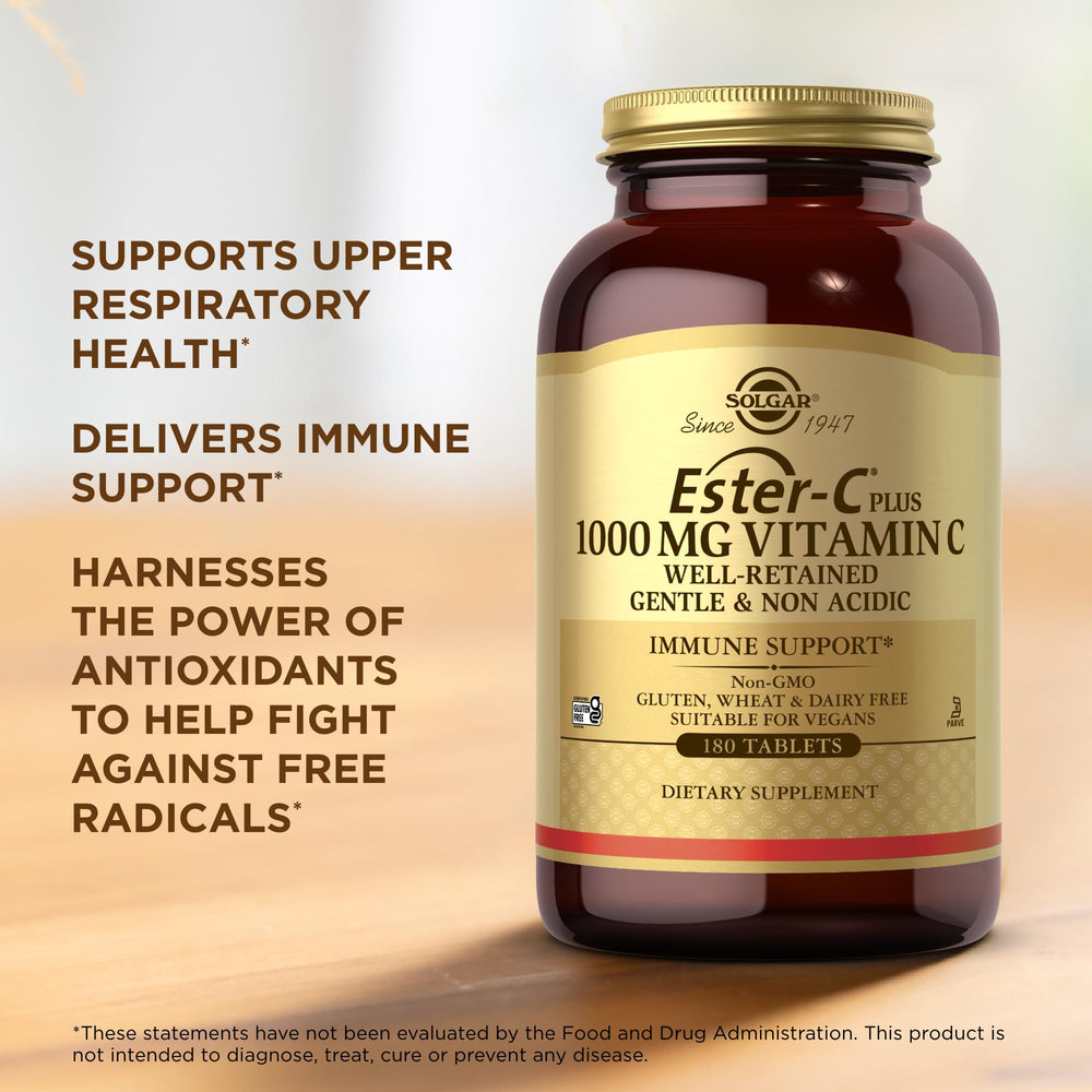 Non-GMO and gluten-free Solgar Ester-C Plus 1000 mg Vitamin C label