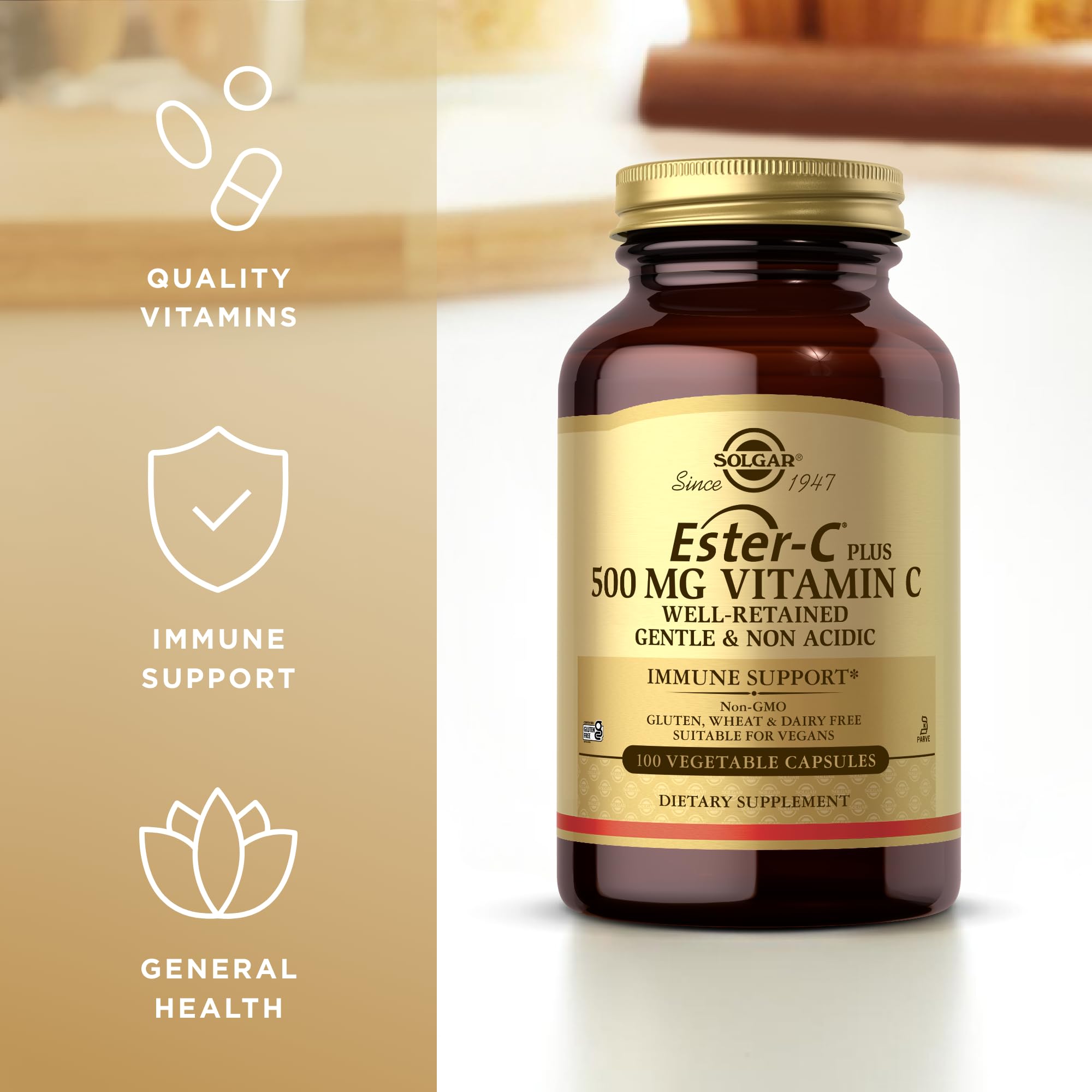 Solgar Ester-C Plus packaging showing Non-GMO, Vegan, Gluten Free, Kosher labels