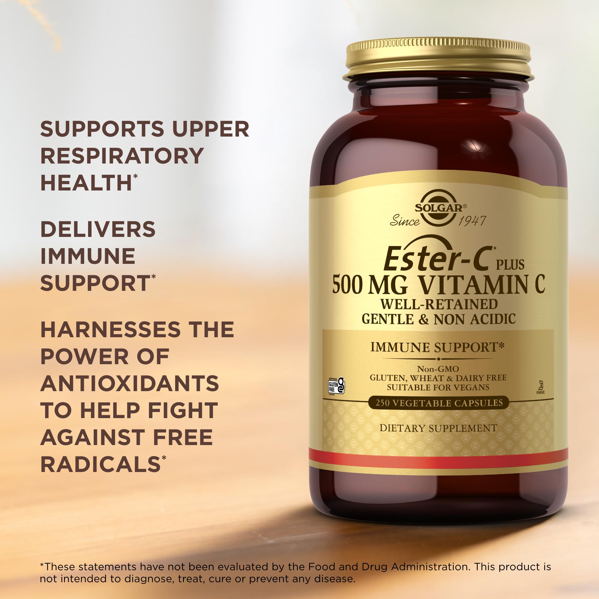 Solgar Ester-C Plus 500 mg Vitamin C bottle highlighting non-GMO, vegan, gluten-free