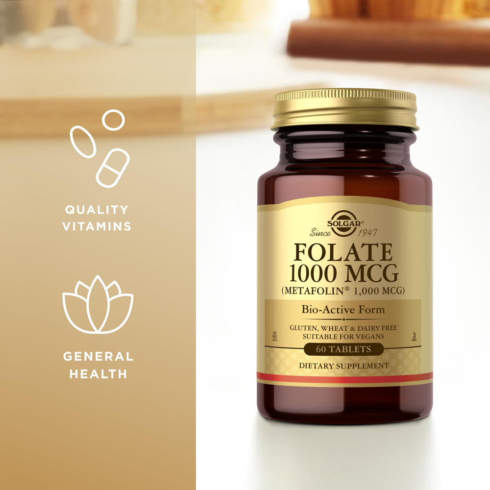 Close-up of Solgar Folate 1000 mcg Metafolin bottle