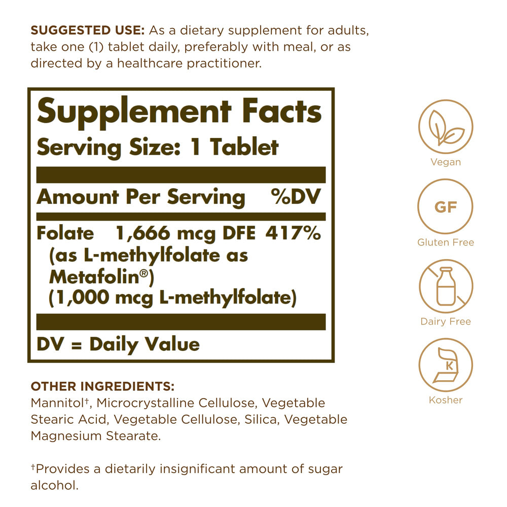 Solgar Folate 1000 mcg Metafolin pack shot