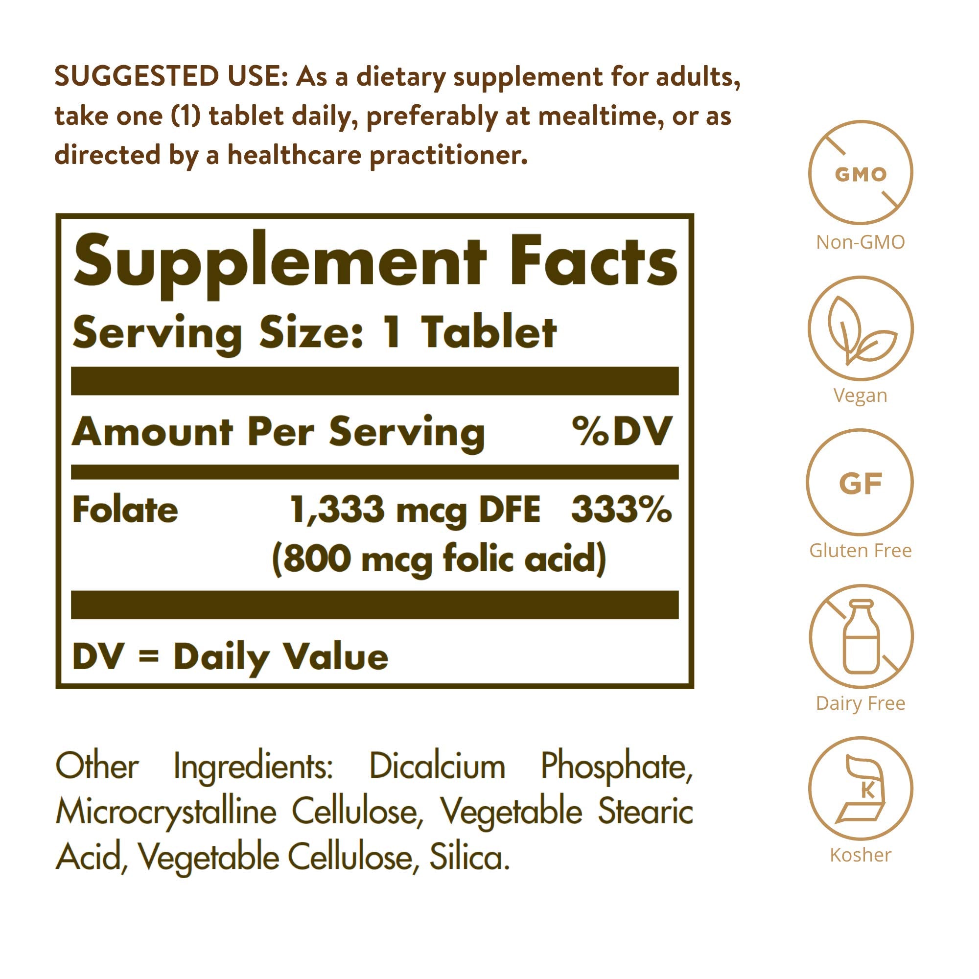 Solgar Folate bottle back label with ingredients