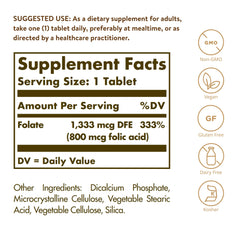Solgar Folate bottle back label with ingredients