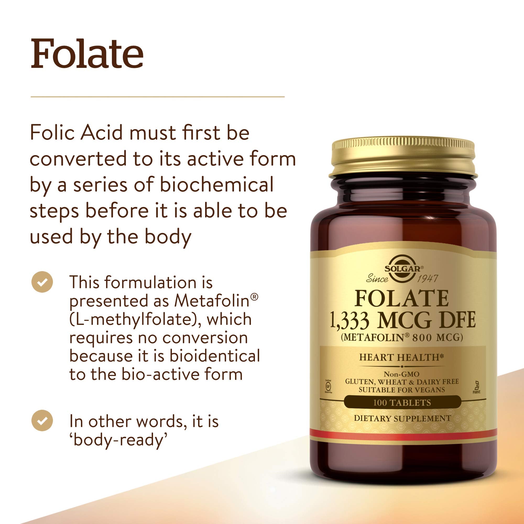 Solgar Folate label close-up with Metafolin information