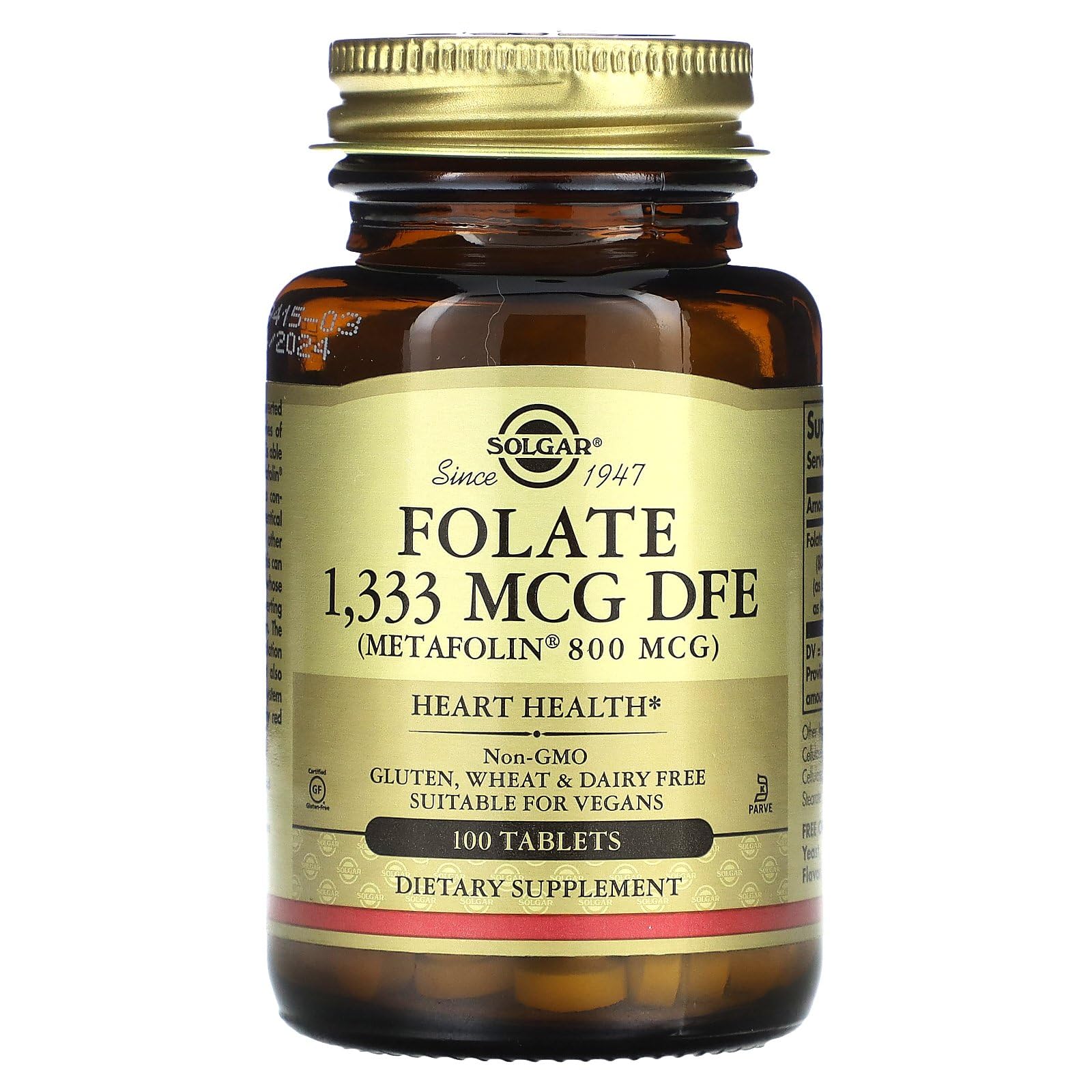 Front view of Solgar Folate 1333 mcg DFE Metafolin bottle, 8 oz