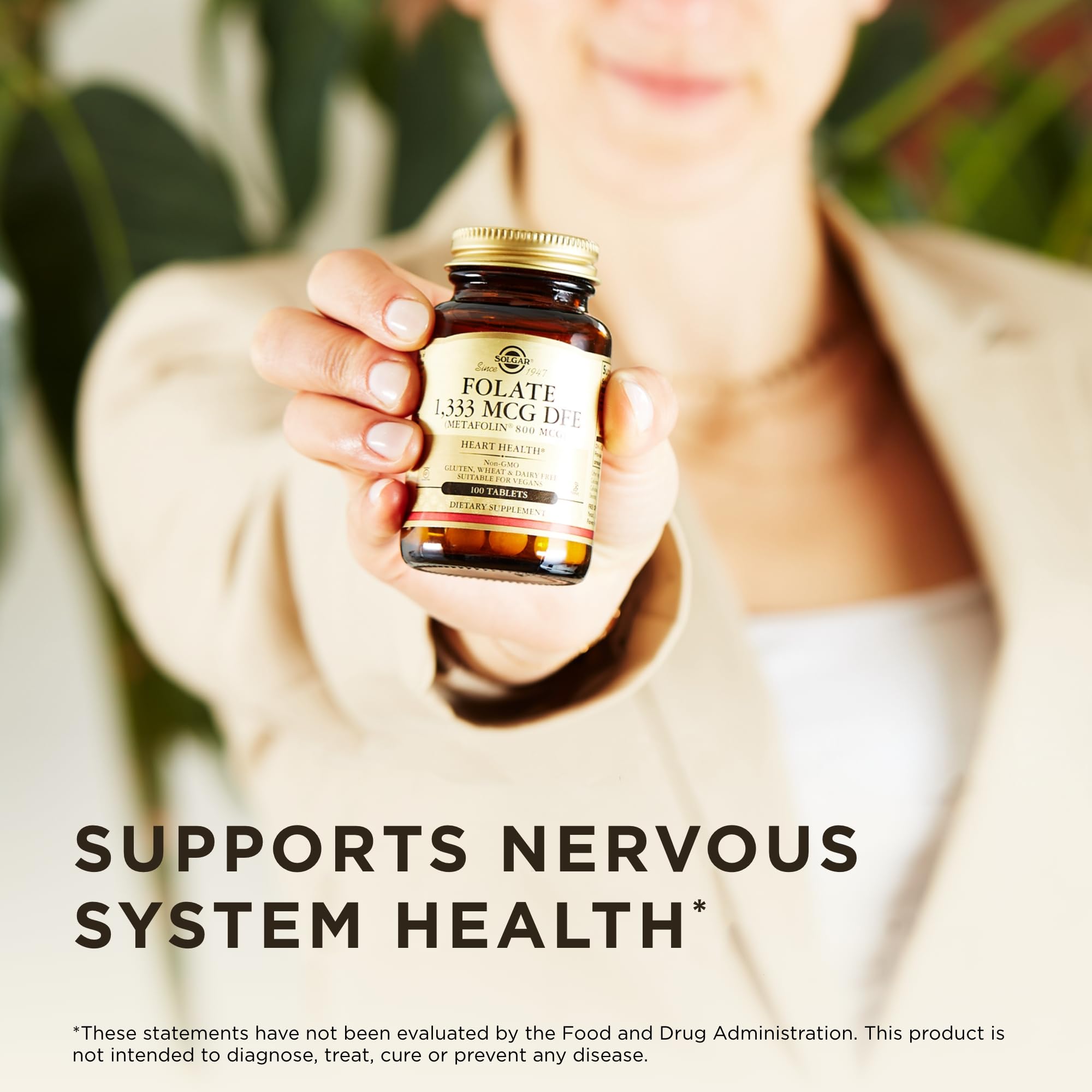 Solgar Folate packaging icons: non-GMO vegan kosher