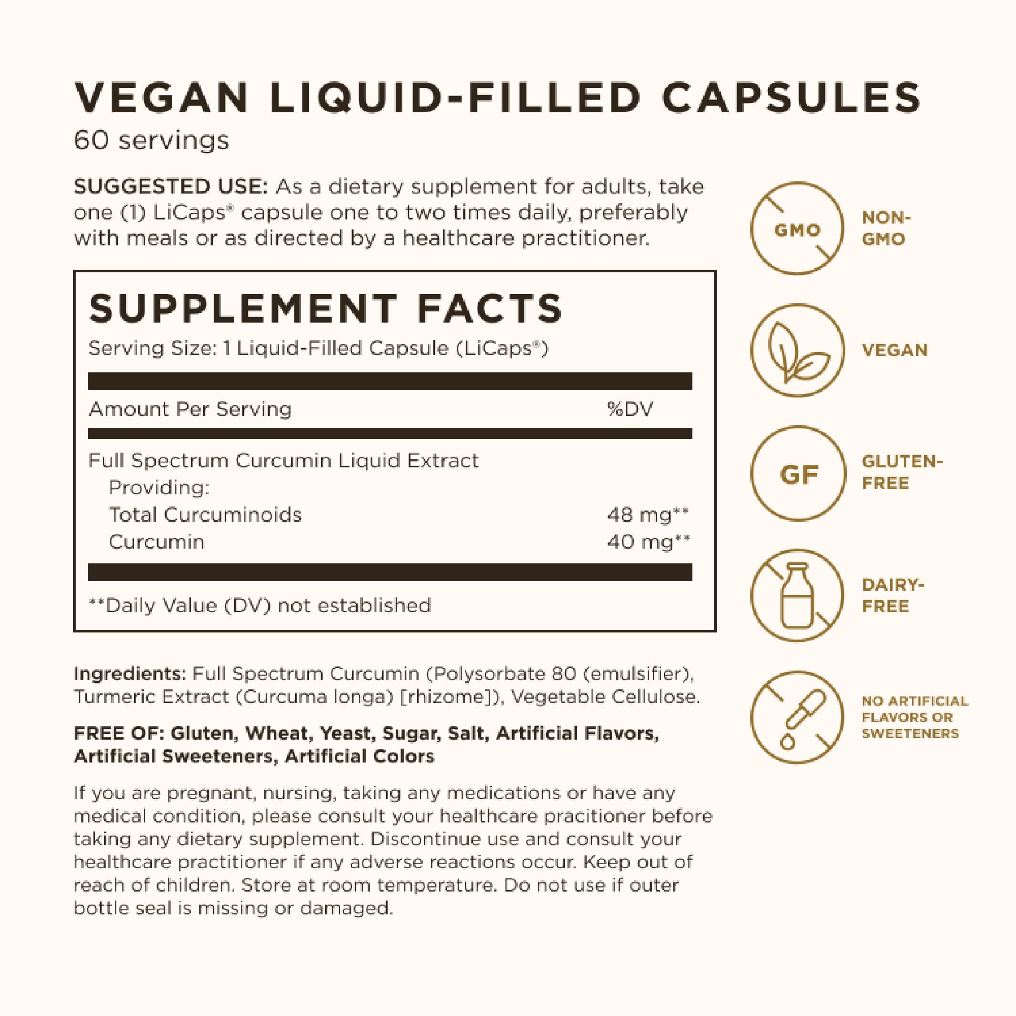 Solgar Full Spectrum Curcumin LiCaps bottle back view showing ingredients