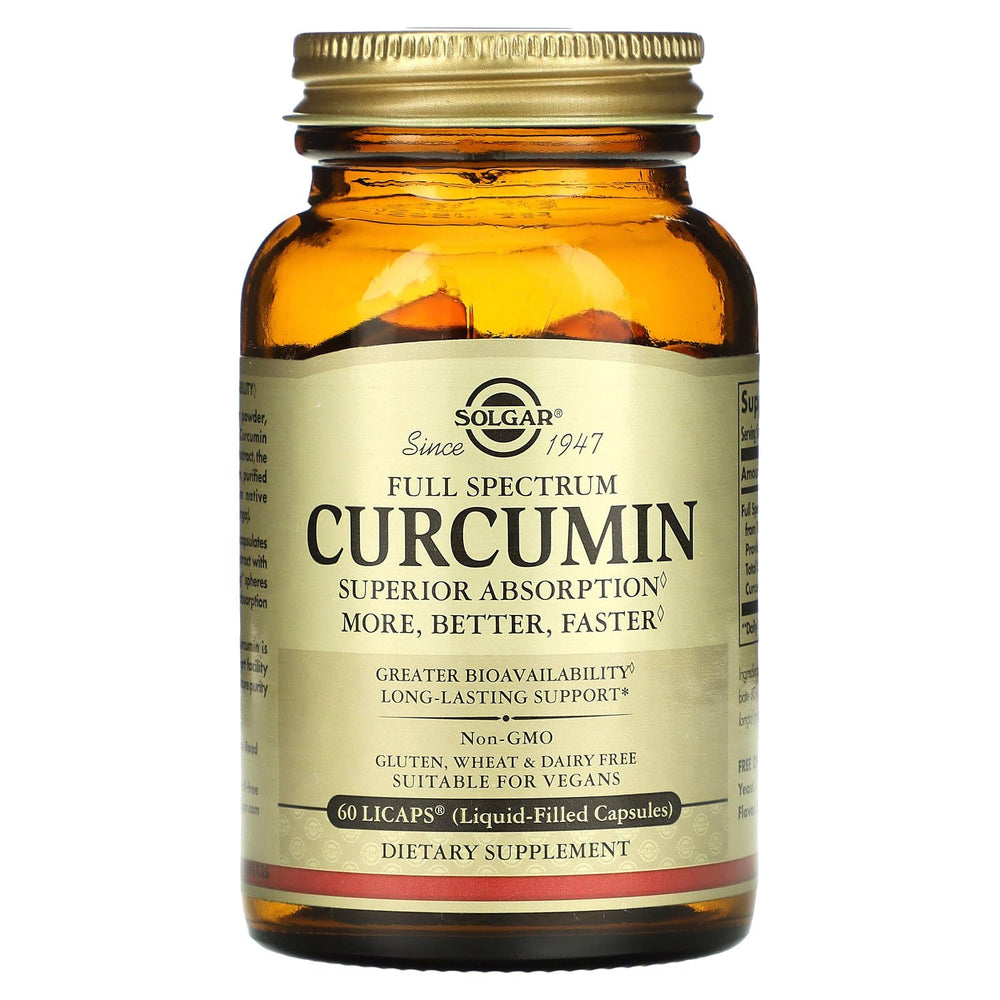 Close-up of Solgar Full Spectrum Curcumin LiCaps capsules and powder