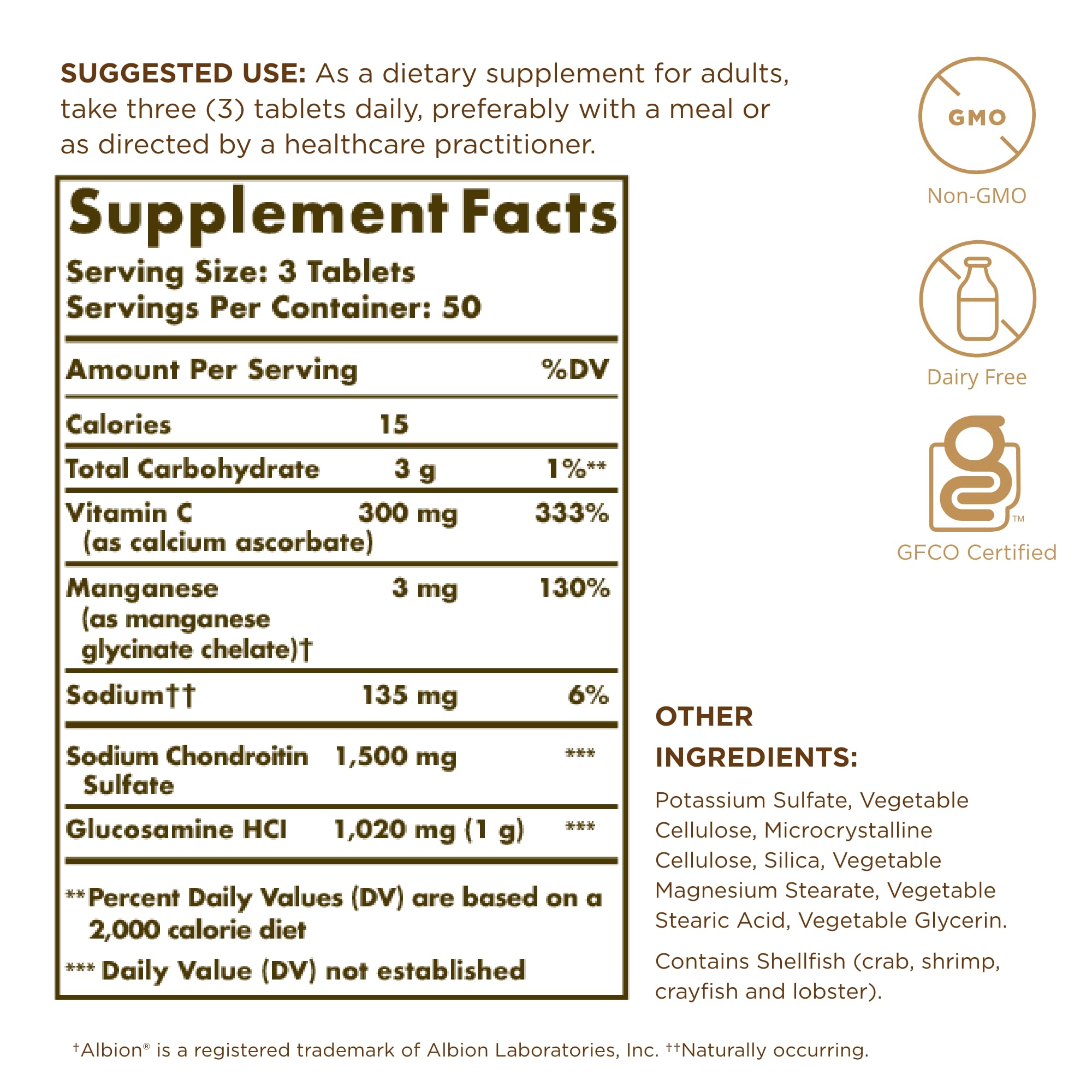 Solgar glucosamine chondroitin tablets close-up label highlights non-GMO and gluten-free.