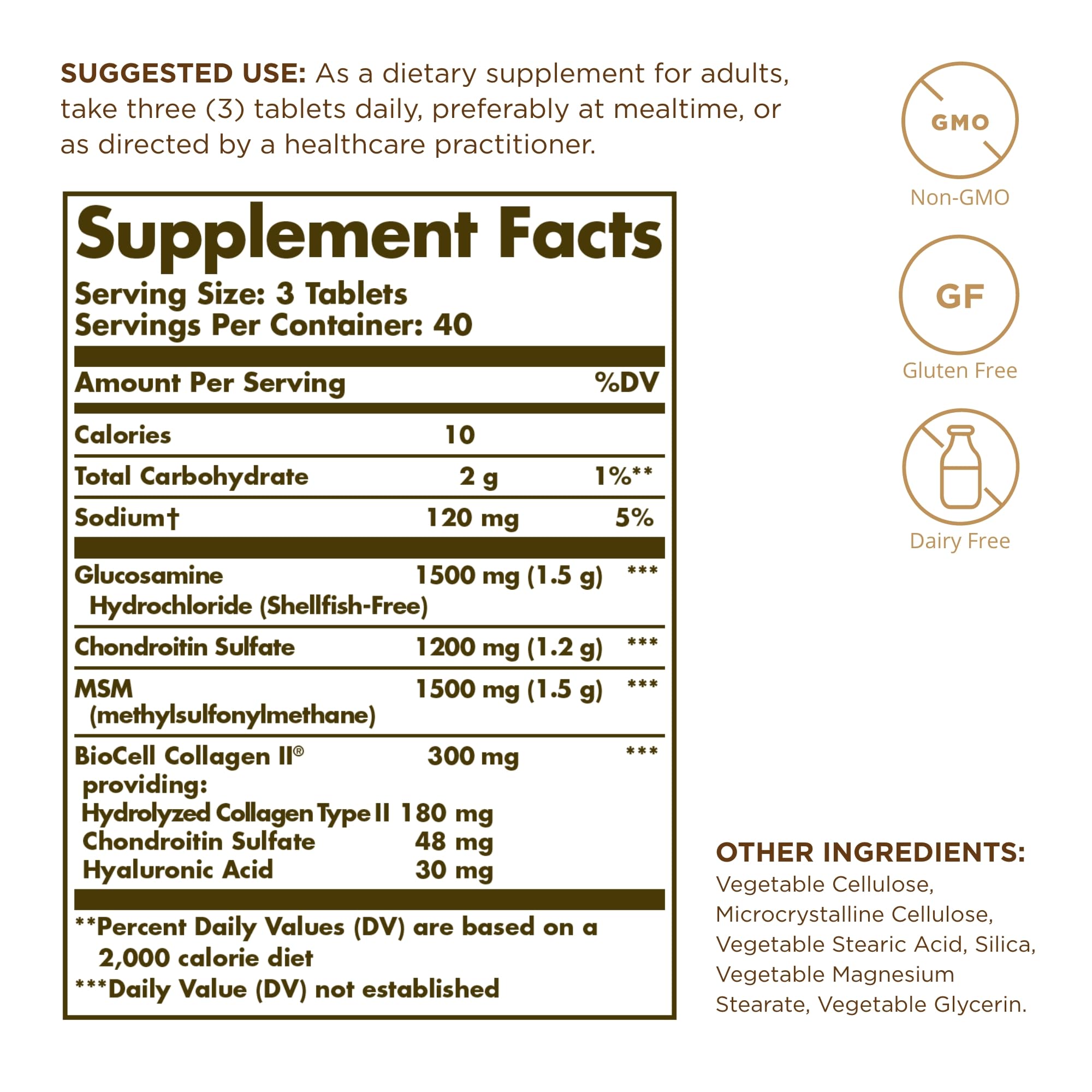 Solgar Glucosamine Hyaluronic Acid Chondroitin MSM bottle side view