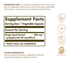 Close-up of Grape Seed Extract label showing 100 mg