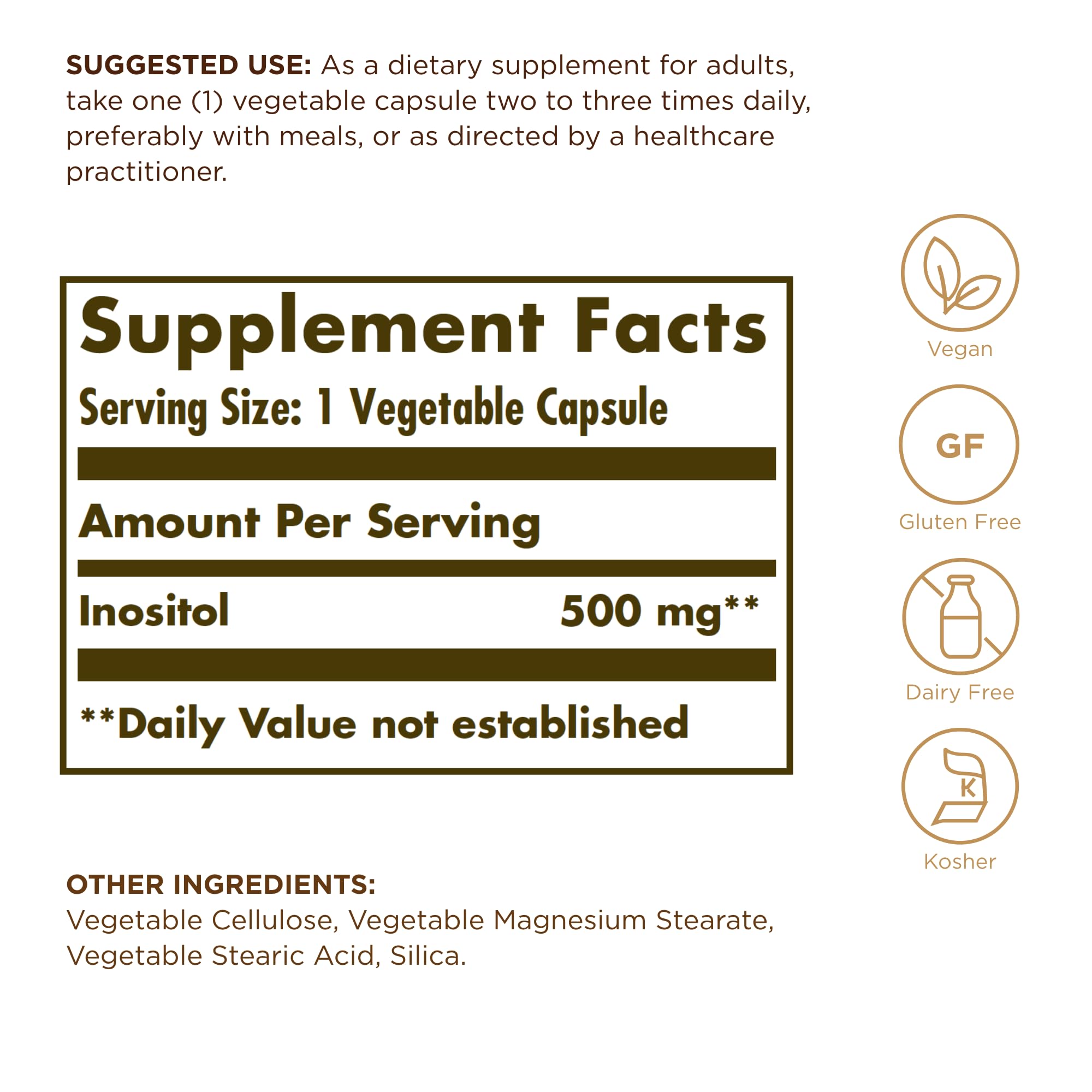 Close-up of Solgar Inositol 500 mg label on bottle