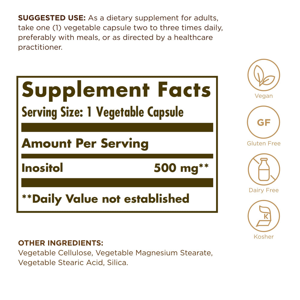 Close-up of Solgar Inositol 500 mg label on bottle