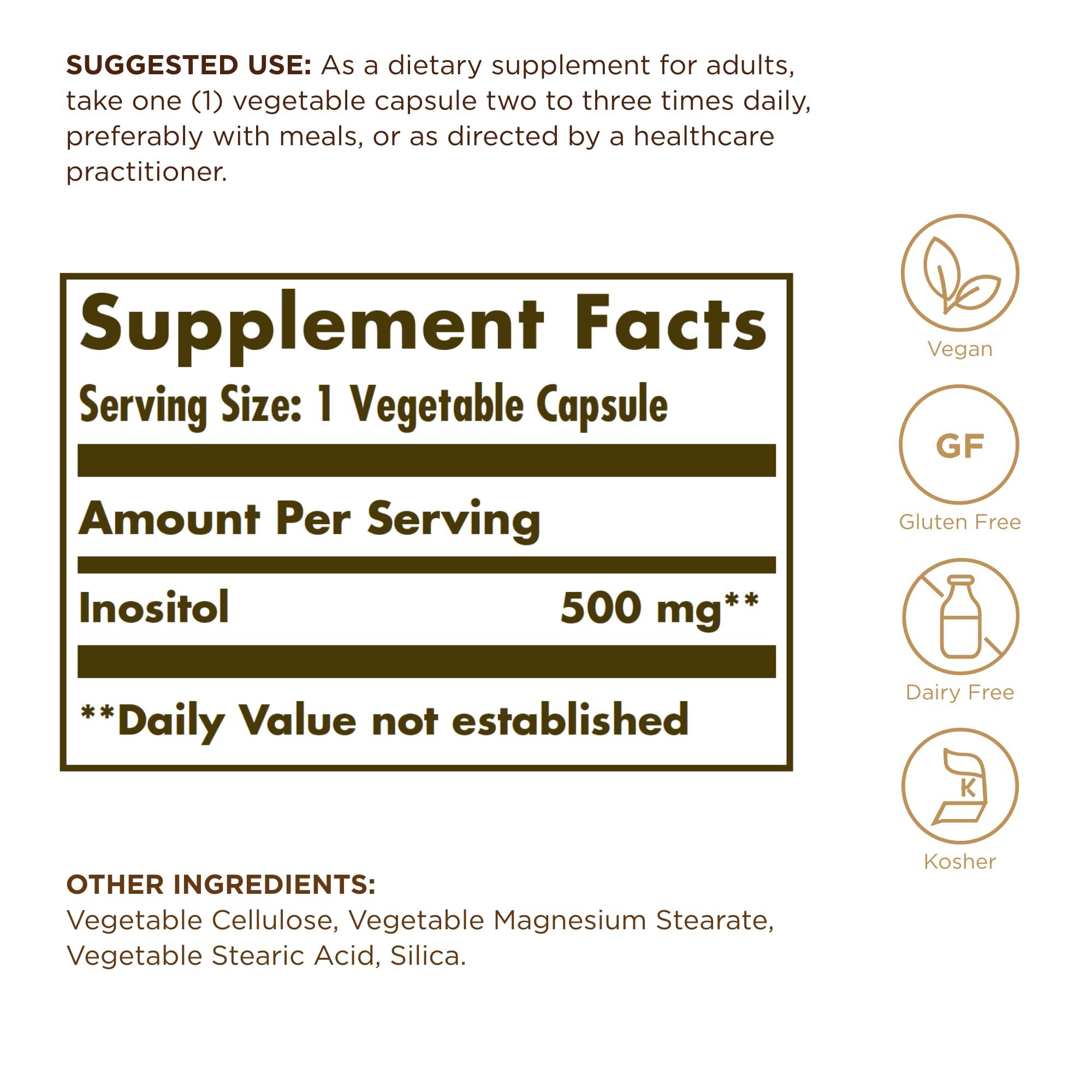 Close-up of Solgar Inositol 500 mg vegetable capsules