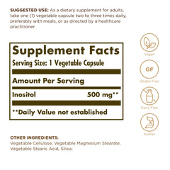 Close-up of Solgar Inositol 500 mg vegetable capsules