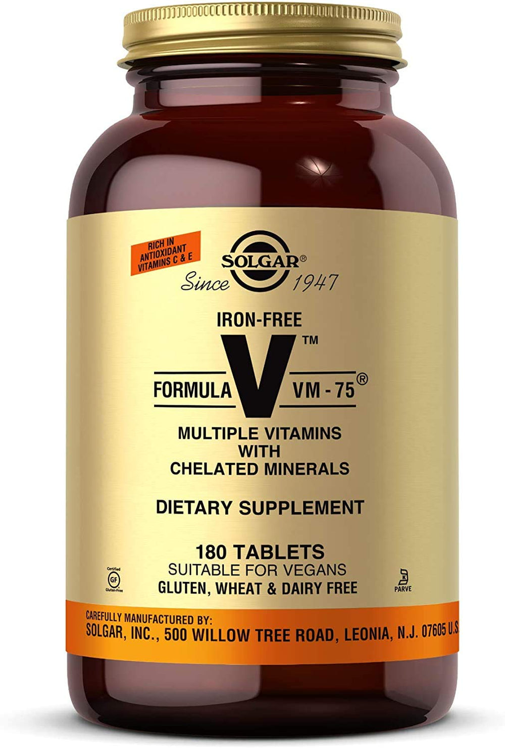 Solgar Iron-Free VM-75 bottle with 180 tablets